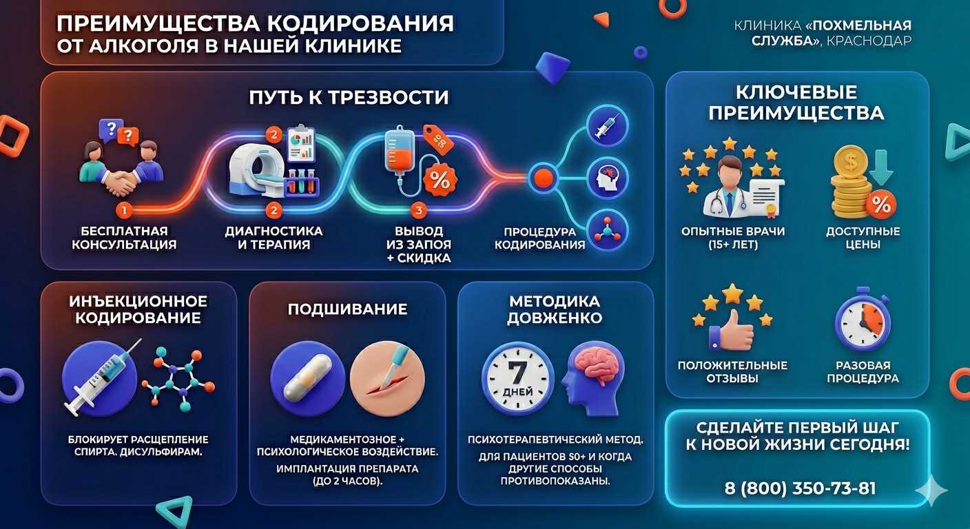 Инфографика о методах кодирования от алкоголя в Инзе: инъекции, подшивание, метод Довженко. Преимущества клиники и этапы лечения.